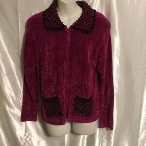 Fuchsia Hot pink Long Sleeve Zip up Velvet Western Beaded Detail Shirt M